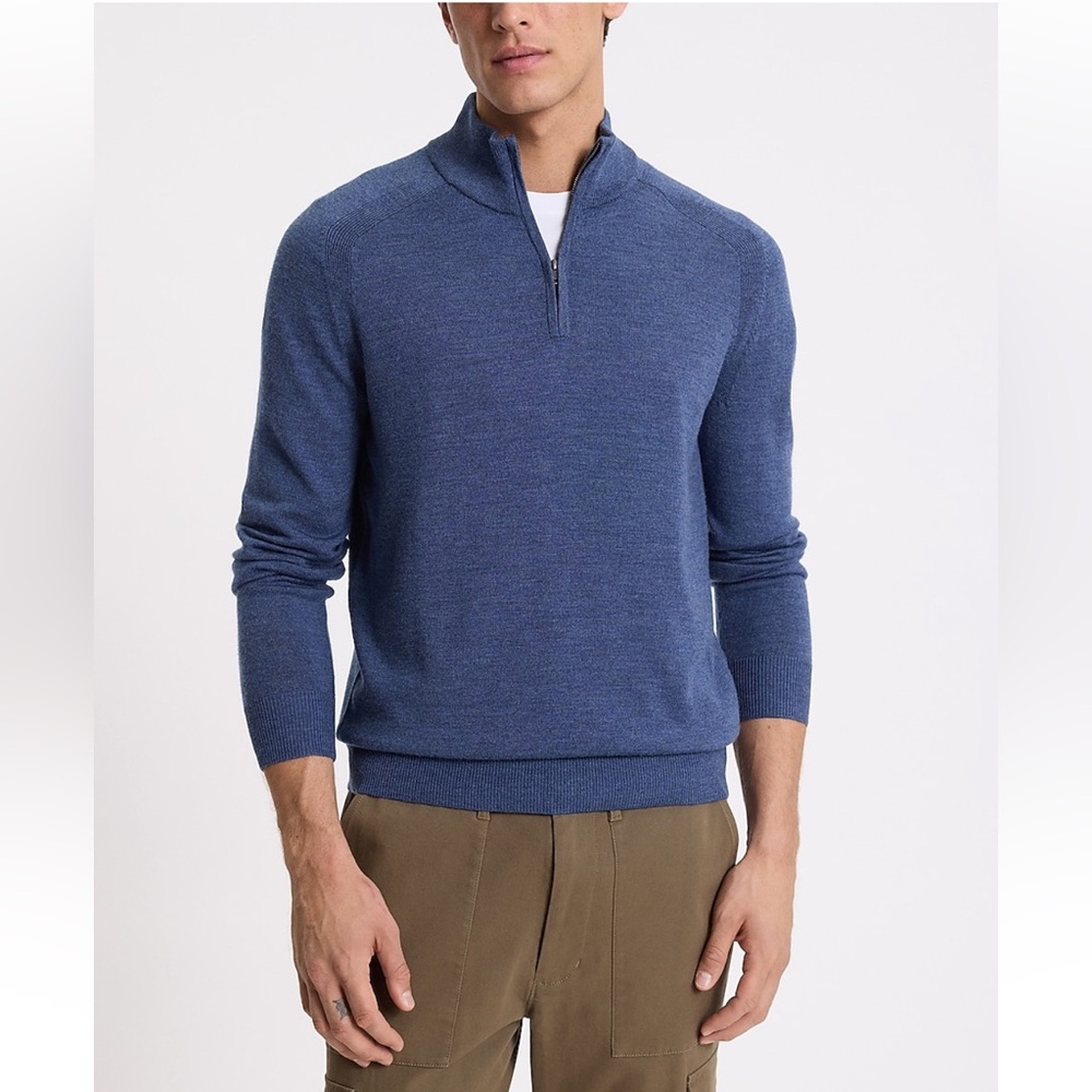 Men’s 100% Extra Fine Merino Wool 1/4 Quarter Zip Blue Sweater - Small